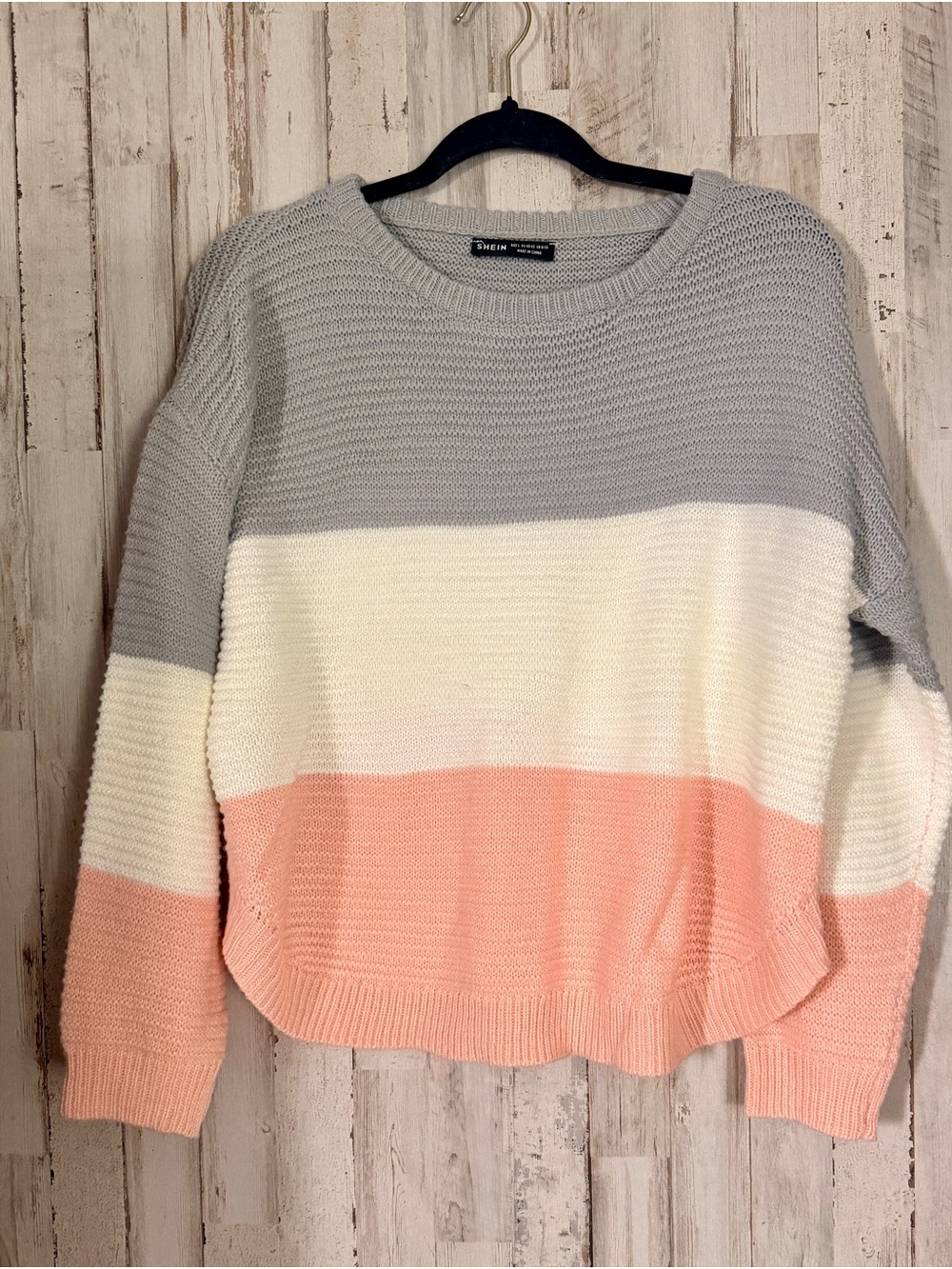 SHEIN Gray, White & Peach Striped Knit Crewneck Sweater